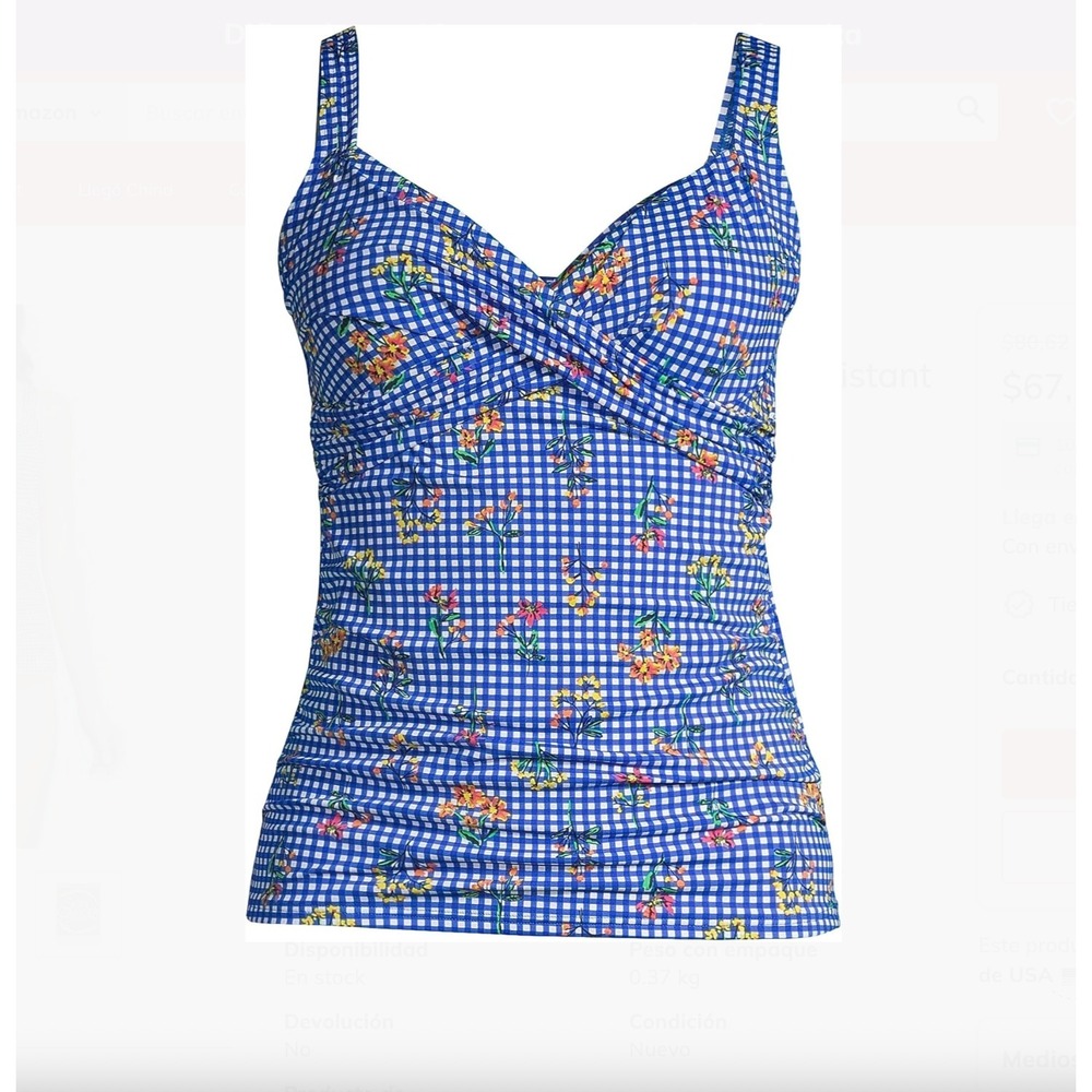 Lands' End Women's 8 Tankini Swim Top Blue/White Gingham Check Floral